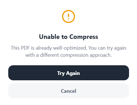 Unable to Compress modal explaining that the PDF is already well-optimized, with Try Again and Cancel buttons