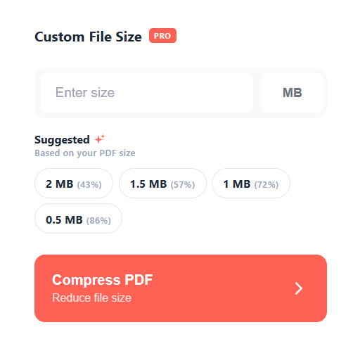 Custom File Size panel with a size input, MB/KB unit toggle, and Suggested chips offering 2 MB (43%), 1.5 MB (57%), 1 MB (72%), and 0.5 MB (86%) targets