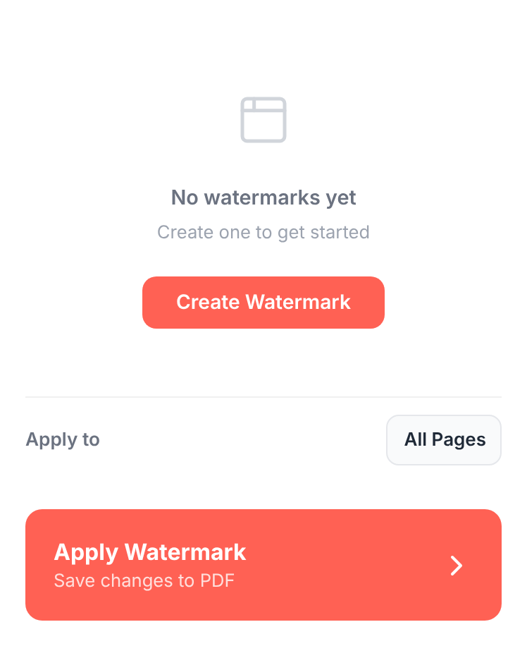 Watermark PDF controls panel with a "Watermarks" heading, "+ Text" and "+ Image" buttons, a "Create Watermark" button, an "Apply to: All Pages" control, and a coral "Apply Watermark" button