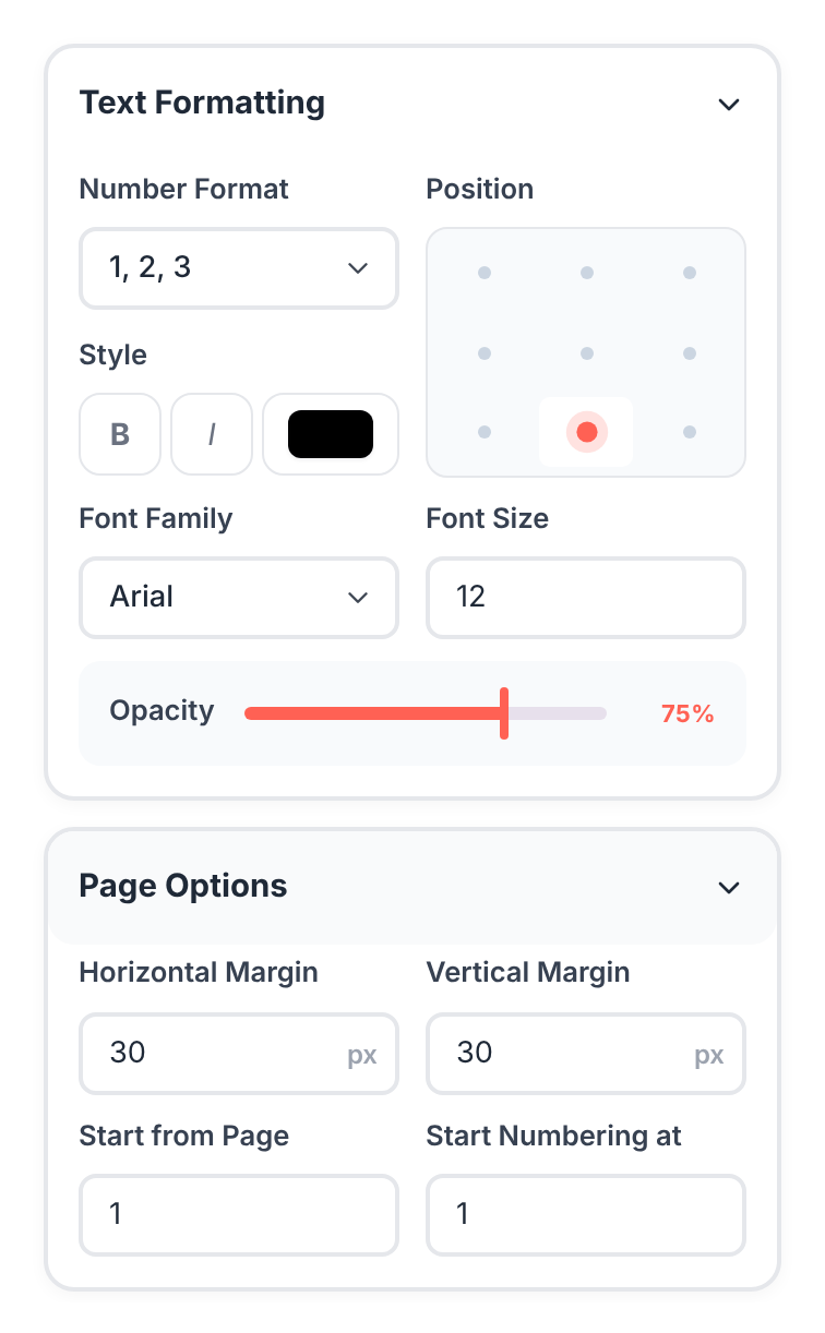 Add Page Numbers controls showing Number Format, Style, Position grid, Font Family, Font Size, Opacity, margin fields, and the Start from Page / Start Numbering at inputs