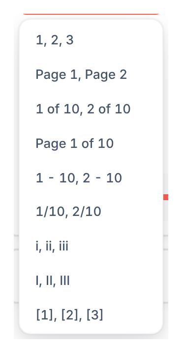 Number Format dropdown open, listing the format options: "1, 2, 3", "Page 1, Page 2", "1 of 10, 2 of 10", "Page 1 of 10", "1 - 10, 2 - 10", "1/10, 2/10", "i, ii, iii", "I, II, III", and "[1], [2], [3]"