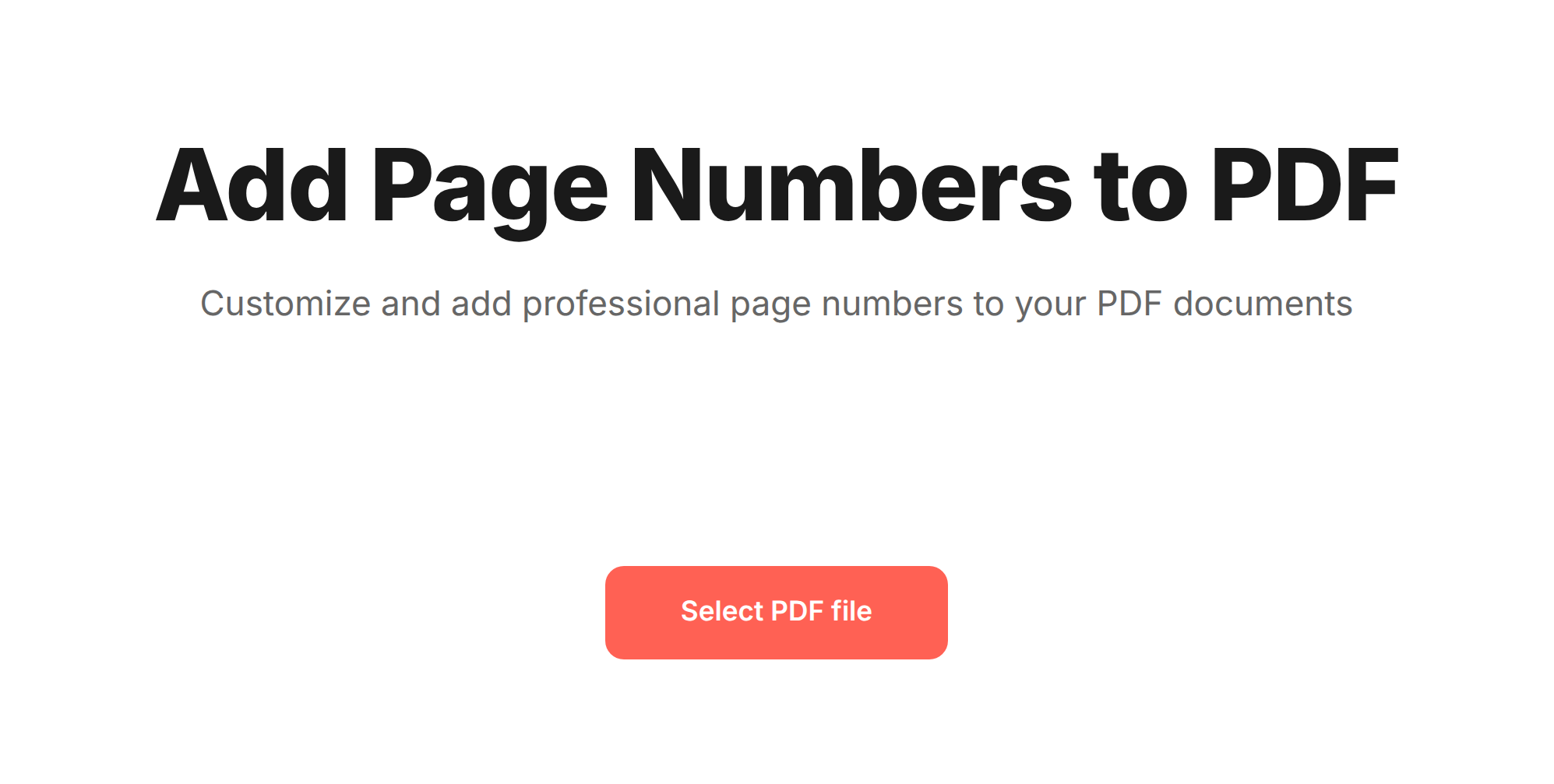 Add Page Numbers to PDF tool landing screen with the heading "Add Page Numbers to PDF" and a coral "Select PDF file" button