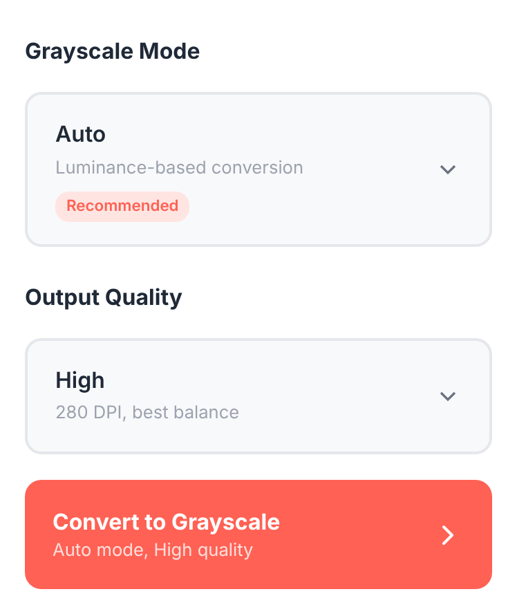 Grayscale PDF controls with a Grayscale Mode dropdown (Auto / Light / Standard / High Contrast), an Output Quality dropdown (Basic / High / Ultra), and a "Convert to Grayscale" button