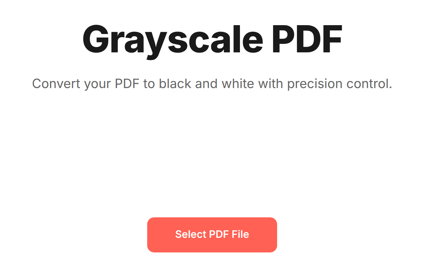 Grayscale PDF tool landing screen with the heading "Grayscale PDF" and a coral "Select PDF File" button