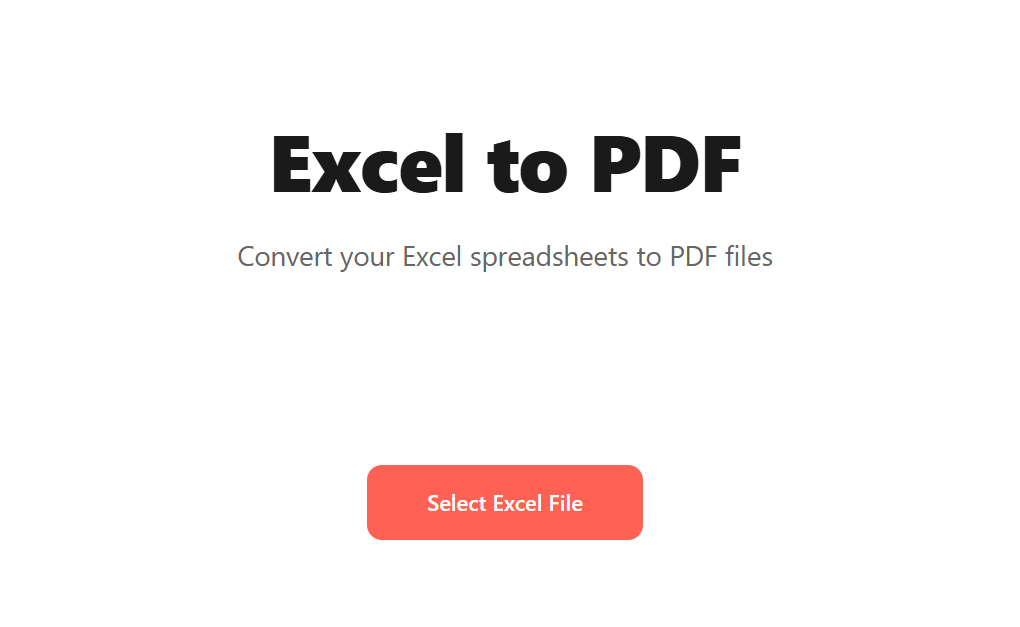 Excel to PDF tool landing screen with the subtitle "Convert your Excel spreadsheets to PDF files" and a "Select Excel File" button