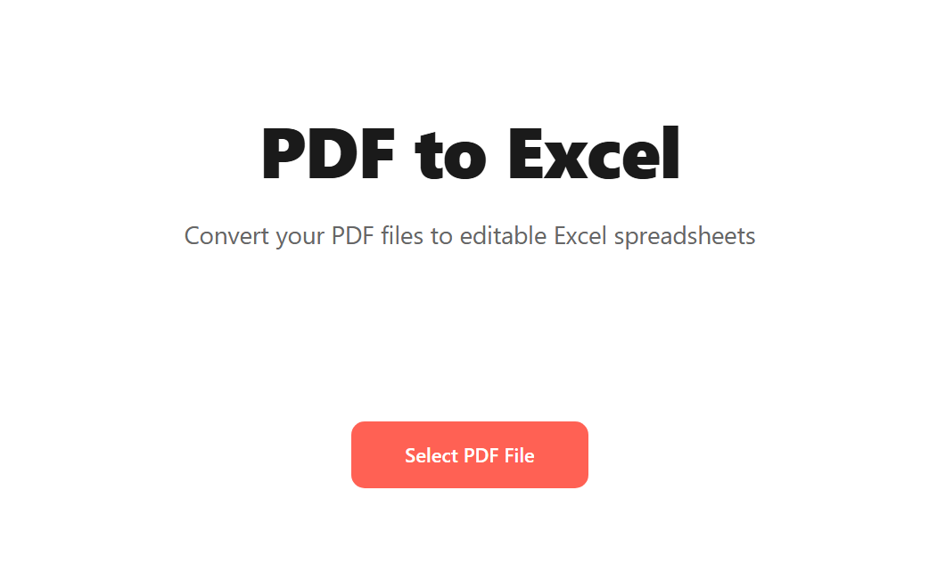 PDF to Excel tool landing screen with the subtitle "Convert your PDF files to editable Excel spreadsheets" and a "Select PDF File" button