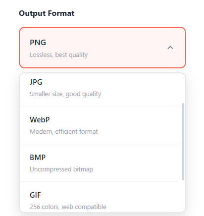 Output Format dropdown expanded showing PNG (Lossless, best quality) selected at the top, followed by JPG (Smaller size, good quality), WebP (Modern, efficient format), BMP (Uncompressed bitmap), and GIF (256 colors, web compatible). TIFF (Professional print format) is also available further down the list.