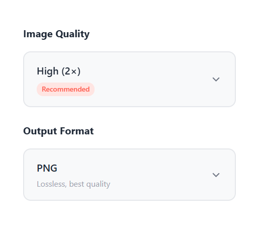 PDF to Image controls panel with Image Quality set to High (2×) marked Recommended and Output Format set to PNG with "Lossless, best quality" subtitle