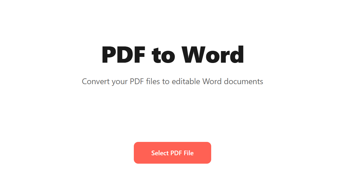 PDF to Word tool landing screen with the subtitle "Convert your PDF files to editable Word documents" and a "Select PDF File" button