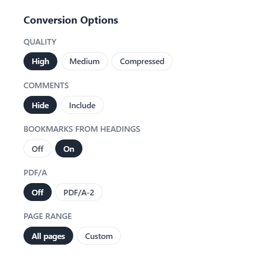 Conversion Options panel showing Quality (High / Medium / Compressed), Comments (Hide / Include), Bookmarks from headings (Off / On), PDF/A (Off / PDF/A-2), and Page Range (All pages / Custom) toggles