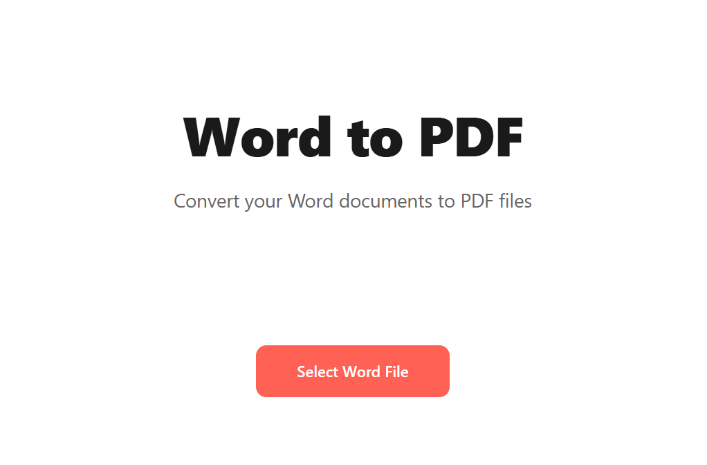 Word to PDF tool landing screen with the subtitle "Convert your Word documents to PDF files" and a "Select Word File" button