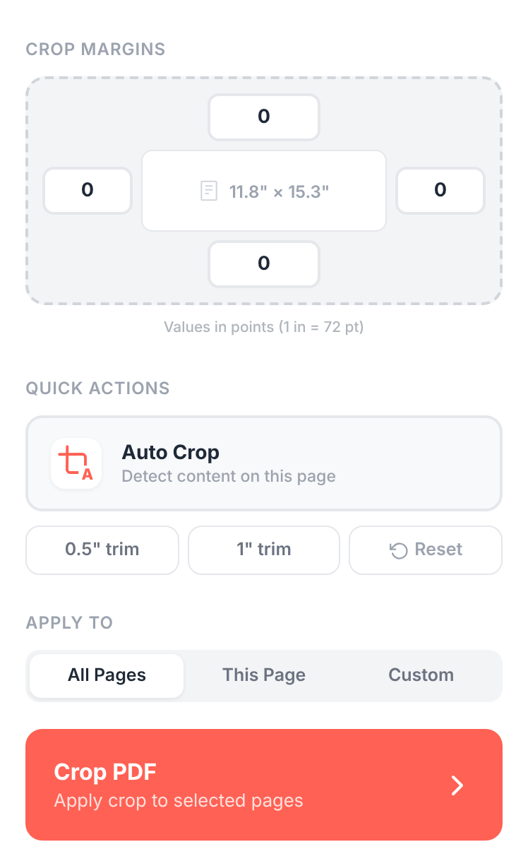 Crop PDF controls with Crop Margins inputs (top, bottom, left, right), an Auto Crop quick action, an "Apply To" selector, and a Crop PDF button