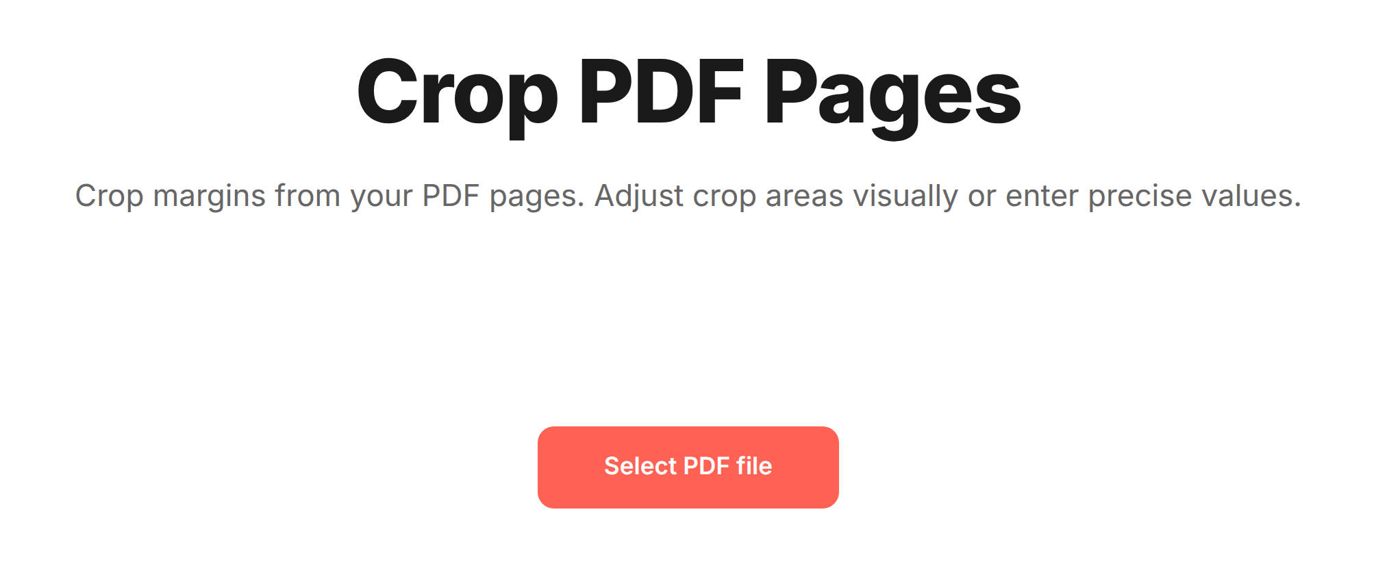 Crop PDF tool landing screen with the heading "Crop PDF Pages" and a coral "Select PDF File" button
