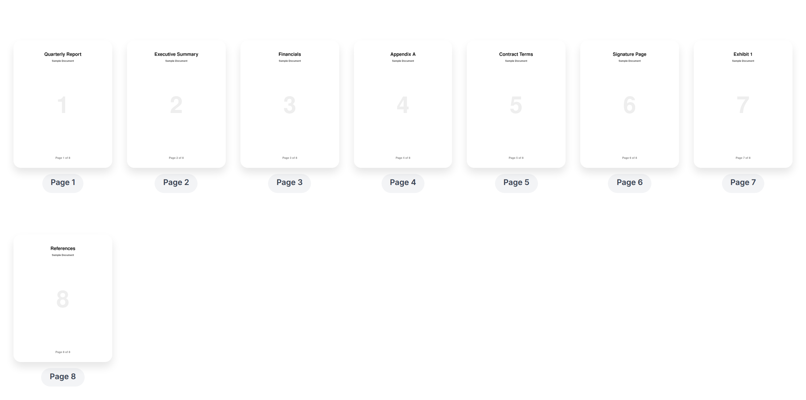 Delete PDF Pages grid showing the document's pages as thumbnail cards, each labelled "Page 1", "Page 2", and so on, ready to be clicked for removal