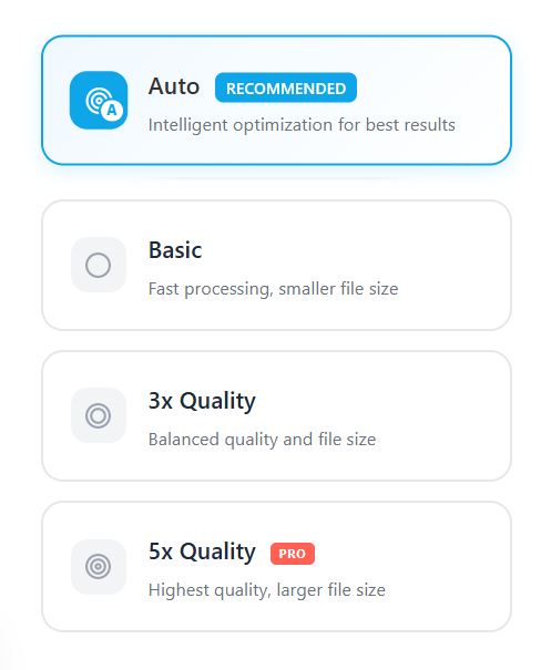 Flatten quality picker showing four options: Auto (Recommended) with "Intelligent optimization for best results", Basic with "Fast processing, smaller file size", 3x Quality with "Balanced quality and file size", and 5x Quality (PRO) with "Highest quality, larger file size"