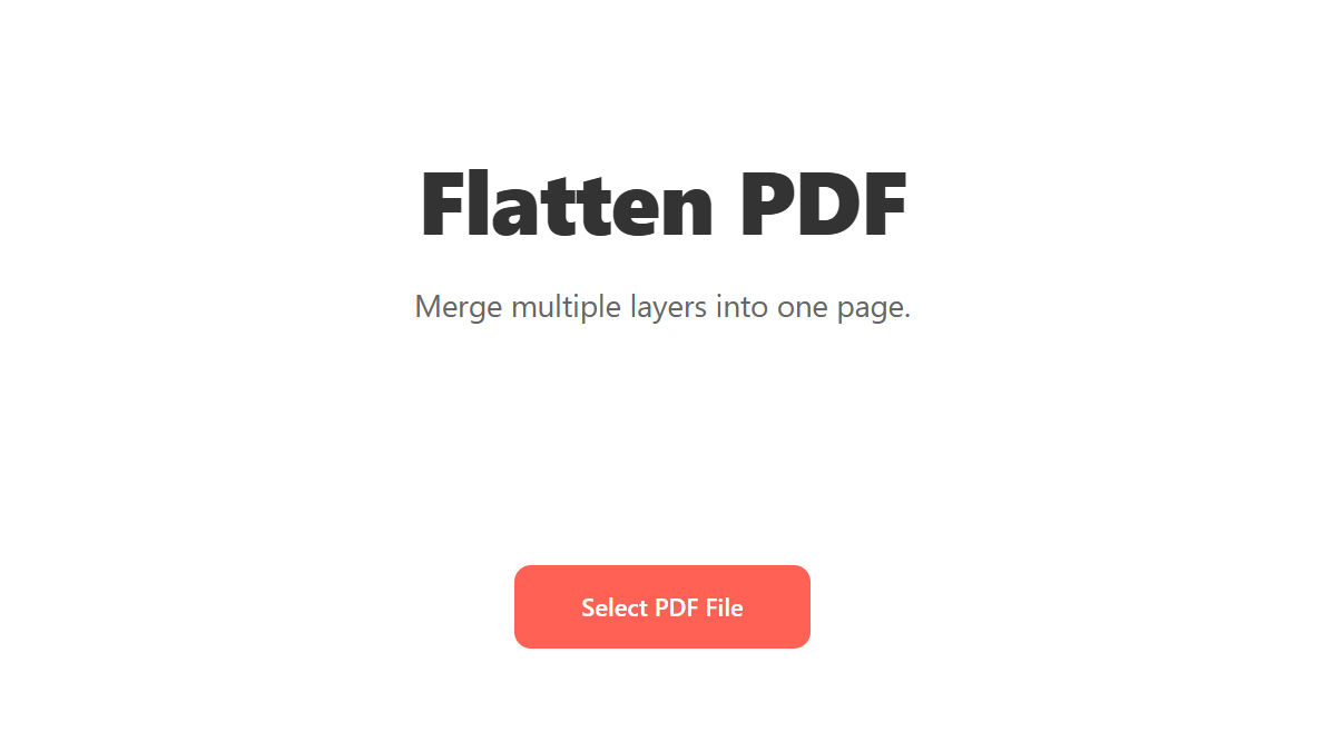 Flatten PDF tool landing screen with the subtitle "Merge multiple layers into one page" and a "Select PDF File" button