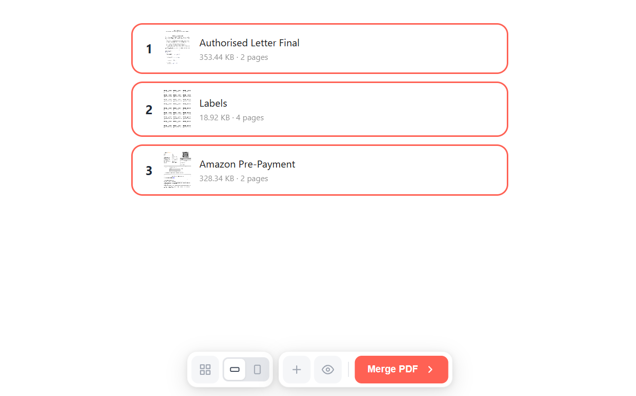 Numbered file cards (1. Authorised Letter Final, 2. Labels, 3. Amazon Pre-Payment) showing thumbnails, sizes, and page counts above a toolbar with view controls, add-files, preview, and Merge PDF buttons