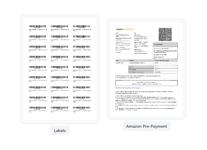 Two file cards rendered with large thumbnails, showing the actual first-page contents of "Labels" and "Amazon Pre-Payment" side by side