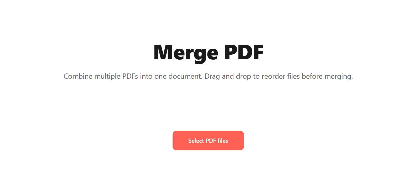 Merge PDF tool landing screen with the subtitle "Combine multiple PDFs into one document. Drag and drop to reorder files before merging." and a "Select PDF files" button
