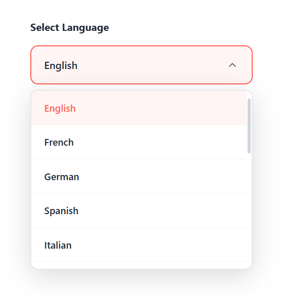Open language dropdown showing English selected with French, German, Spanish, and Italian visible below