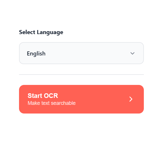 OCR controls panel with the language selector set to English and a coral "Start OCR" button labeled "Make text searchable"