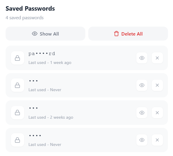 Saved Passwords panel listing four masked entries with last-used timestamps and Show All / Delete All buttons