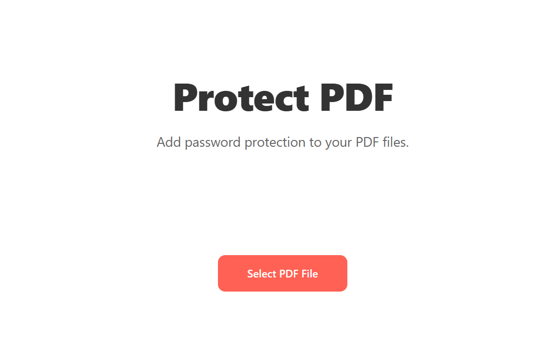 Protect PDF tool landing screen with the subtitle "Add password protection to your PDF files" and a "Select PDF File" button