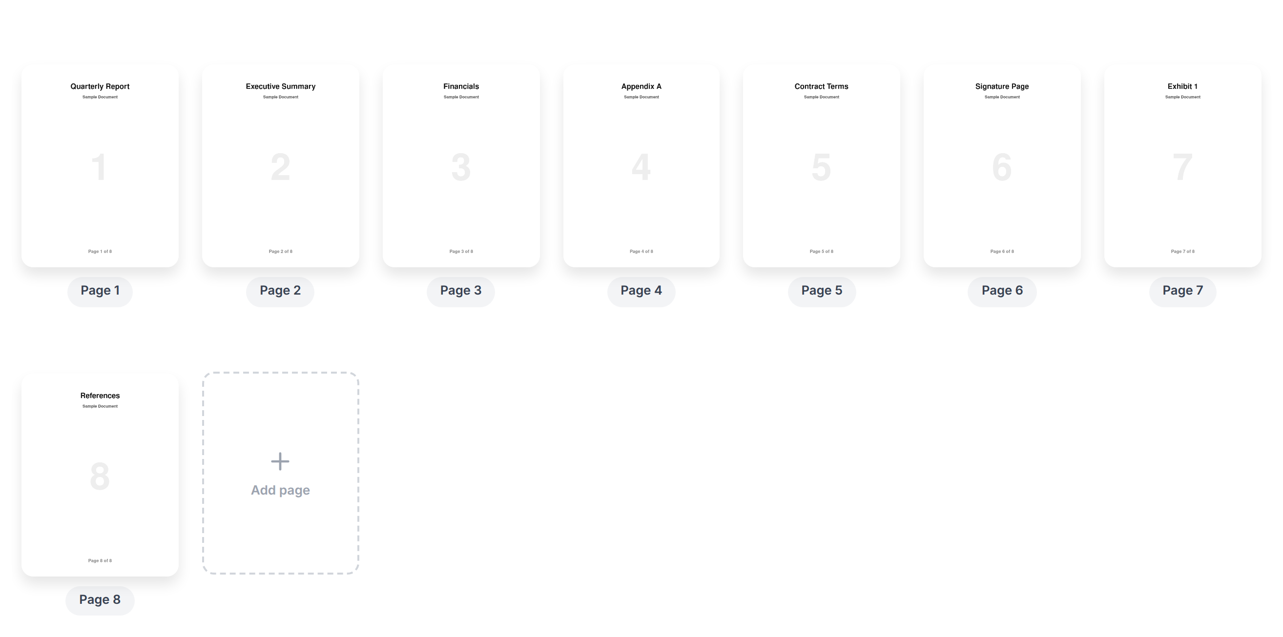 Organize PDF page grid showing the pages of a document as numbered, draggable thumbnail cards with a floating toolbar of actions below