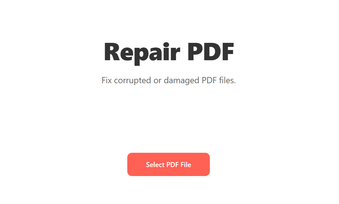 Repair PDF tool landing screen with the subtitle "Fix corrupted or damaged PDF files." and a "Select PDF File" button
