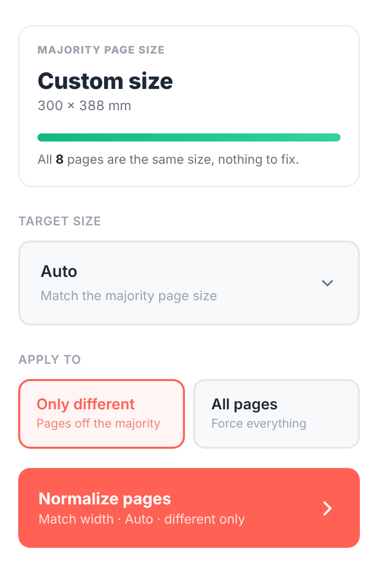 Resize PDF Pages controls with a Target size dropdown (Auto / A4 / Letter / Legal / Match first page / Custom), an "Apply to" selector, and a "Normalize pages" button