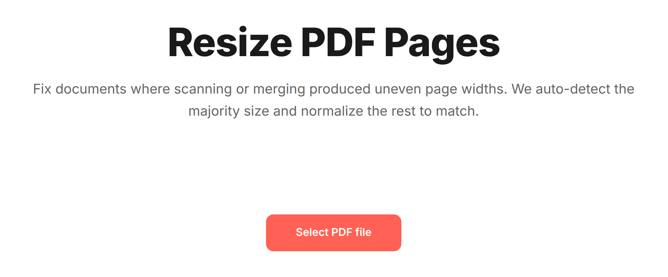 Resize PDF Pages tool landing screen with the heading "Resize PDF Pages" and a coral "Select PDF file" button