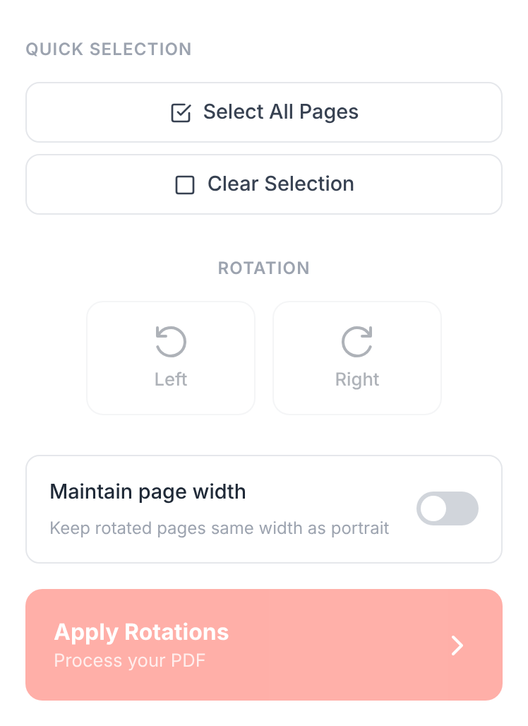 Rotate PDF controls with a Quick Selection panel (Select All / Clear), Rotation buttons for Left and Right, a "Maintain page width" toggle, and a coral "Apply Rotations" button