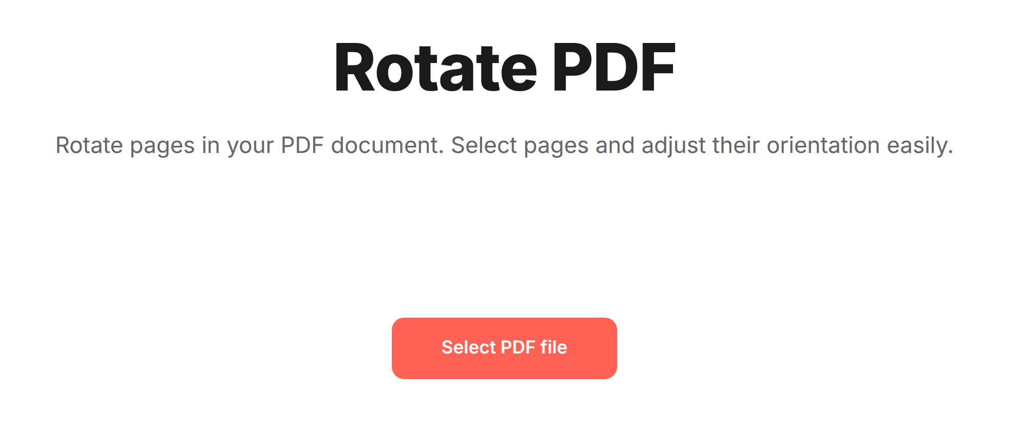 Rotate PDF tool landing screen with the heading "Rotate PDF" and a coral "Select PDF file" button