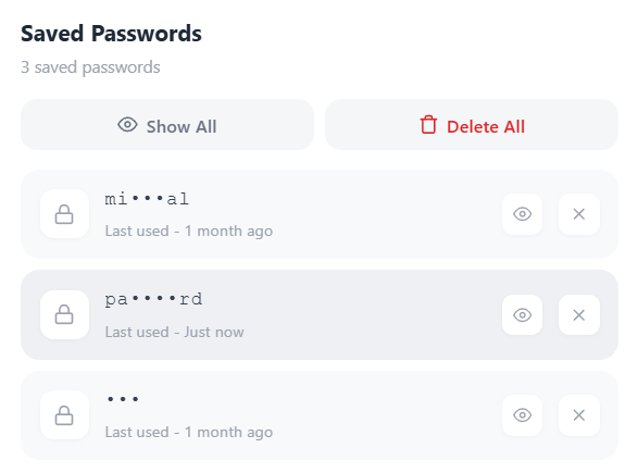 Saved Passwords panel listing three masked entries (mi•••al, pa•••rd, •••) with last-used timestamps and Show All / Delete All buttons