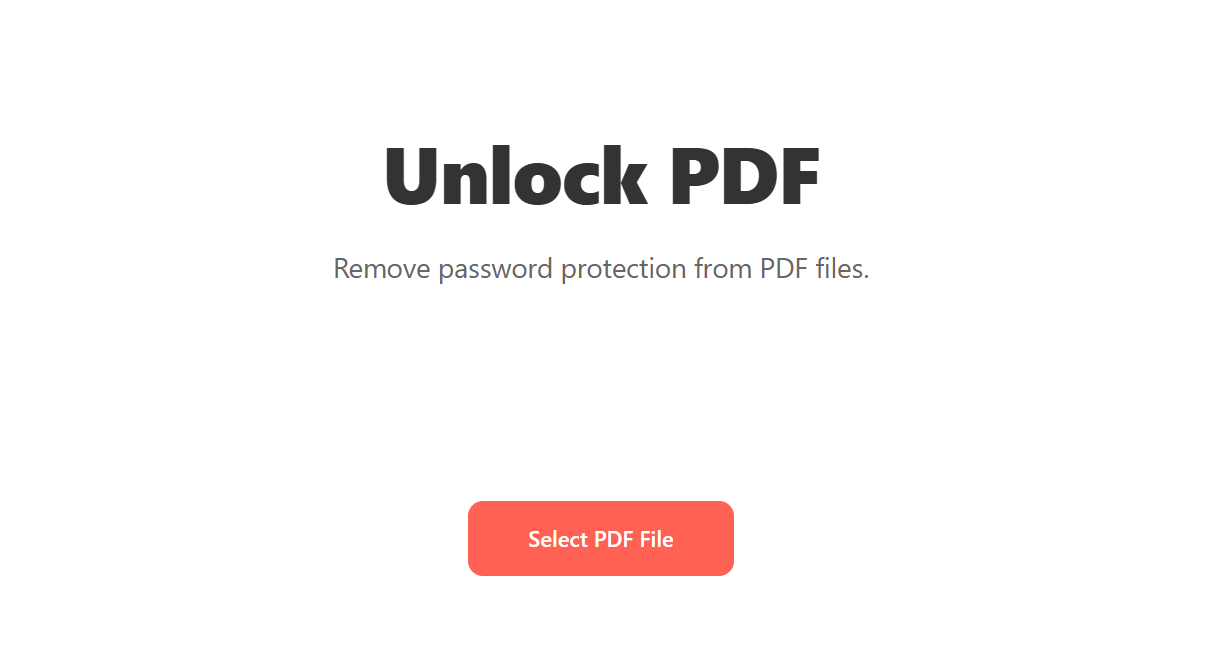 Unlock PDF tool landing screen with the subtitle "Remove password protection from PDF files" and a "Select PDF File" button