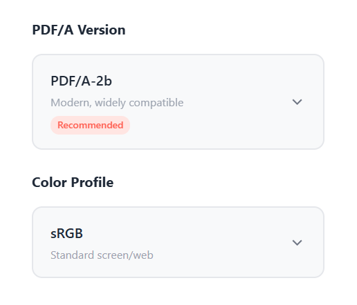 PDF/A Version picker showing PDF/A-2b selected with a "Recommended" badge and a Color Profile dropdown set to sRGB