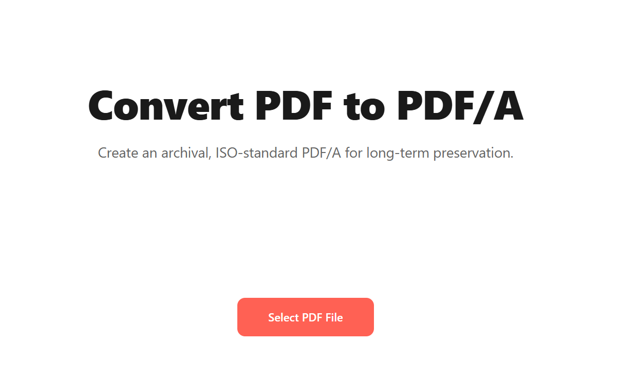 PDF to PDF/A tool landing screen with a "Select PDF File" button and the subtitle "Create an archival, ISO-standard PDF/A for long-term preservation"
